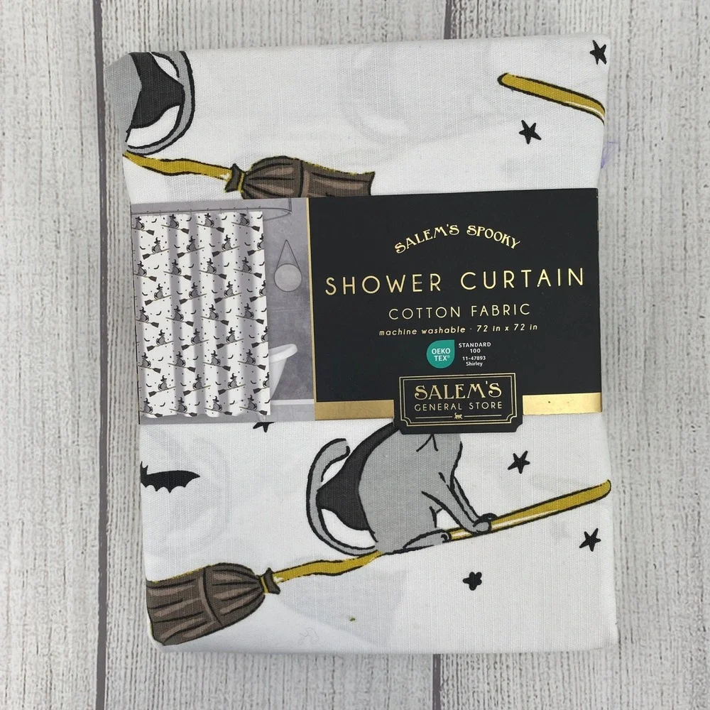 Salem's Spooky Shower Curtain White Black Cat Witch Broom Halloween Gothic